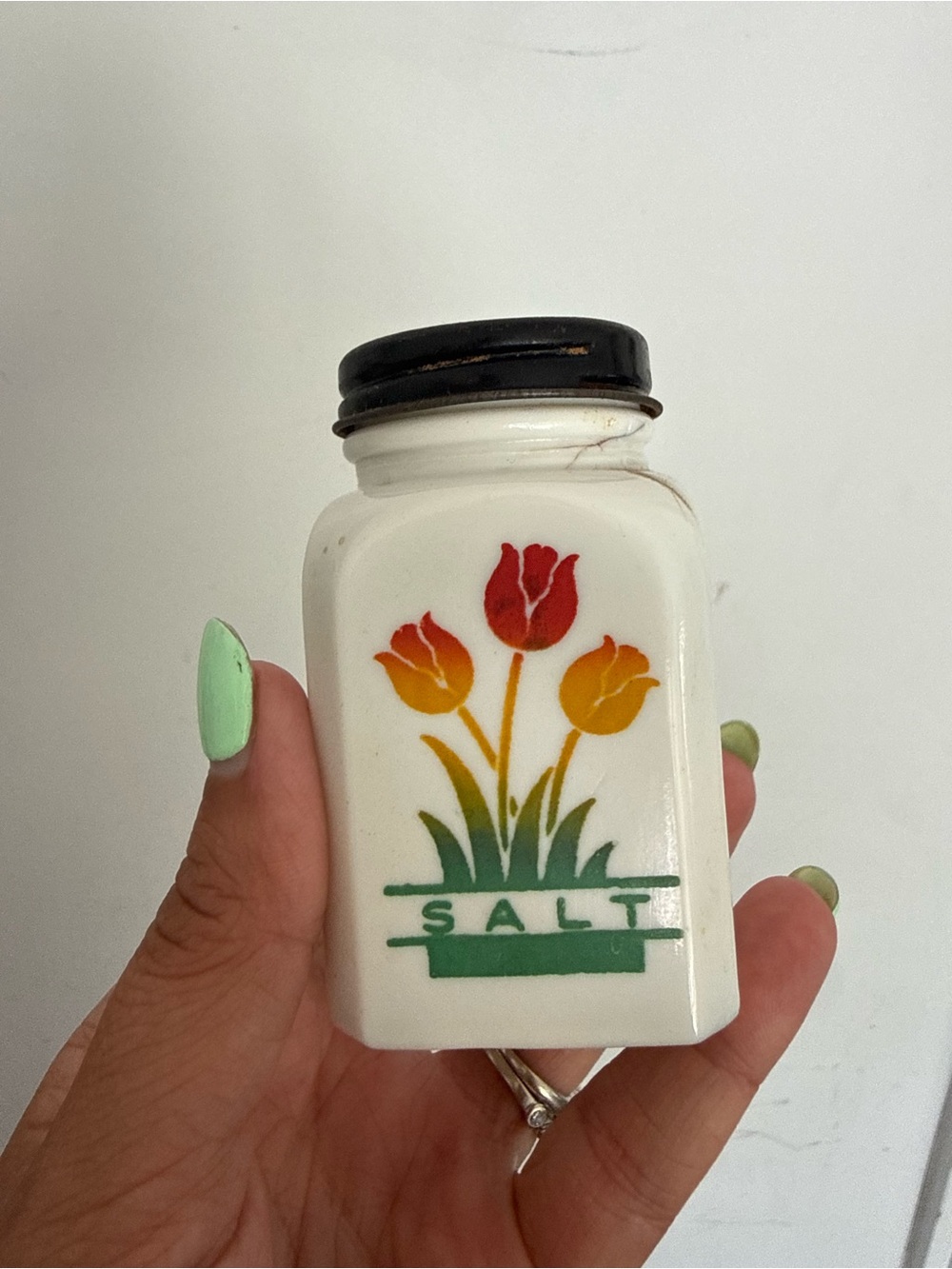 Vintage White Ceramic Salt Shaker with Tulip Motif- anchor hocking